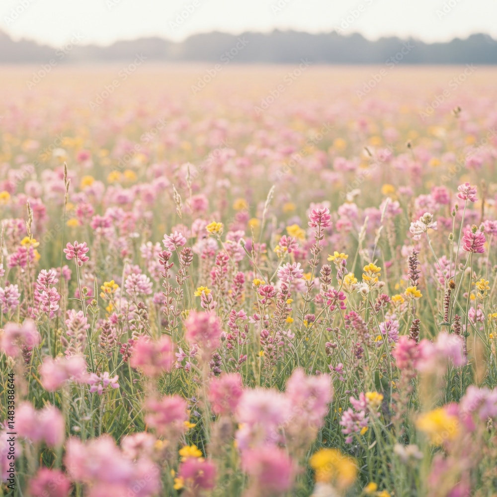 Obraz premium Pink and Yellow Wildflower Meadow in Soft Light