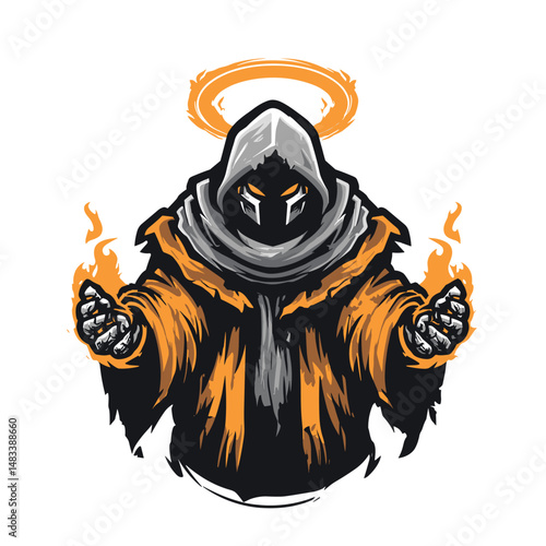 Vector esports logo design featuring a mysterious character with flames and a halo