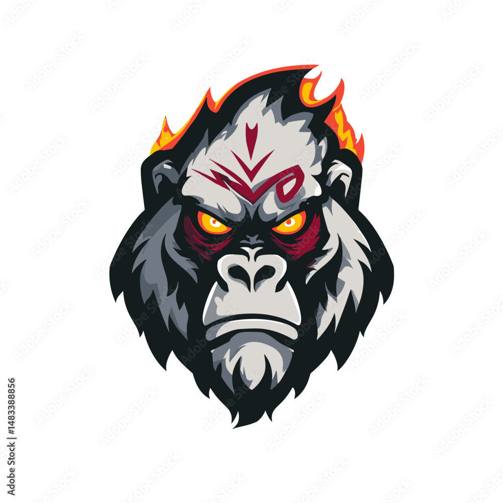 Naklejka premium Unique esports vector logo featuring a fierce gorilla design with fiery accents