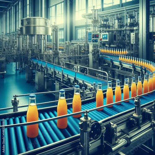 Conveyor belt, juice in bottles on beverage plant or factory interior in blue color, industrial production line.