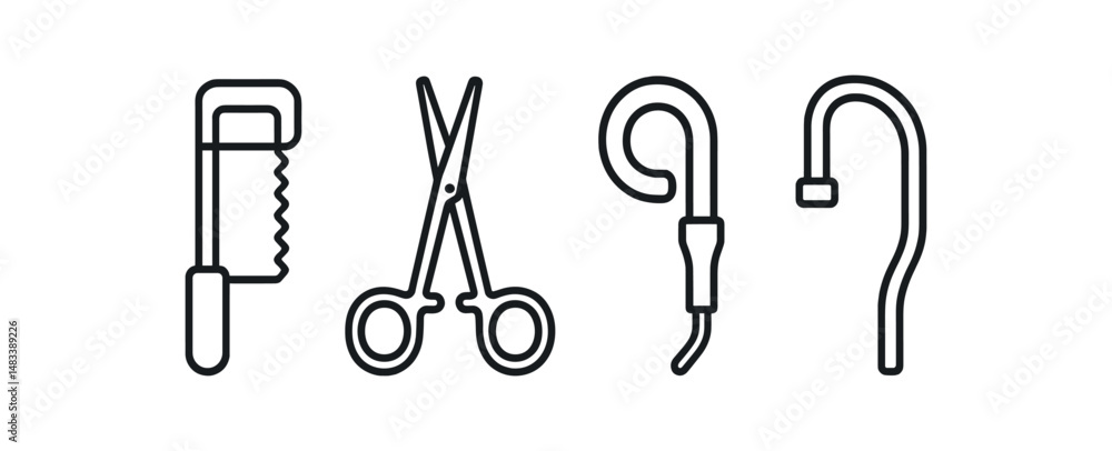 Obraz premium Minimalistic icons of saw, scissors, hook, and crochet needle vector icon isolated