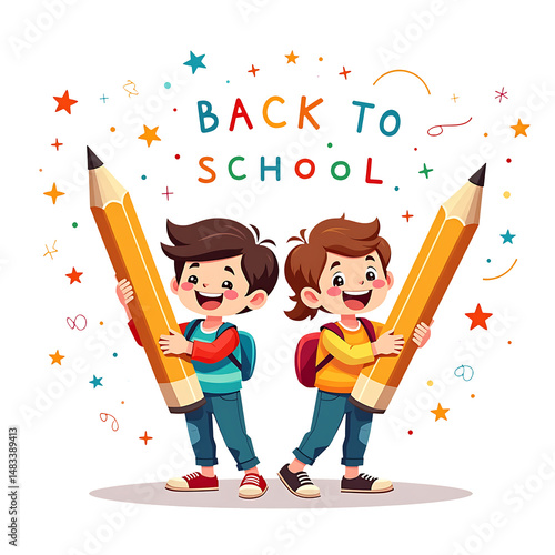Two Cheerful Cartoon Kids with Pencils and Backpacks Under Back to School Sign