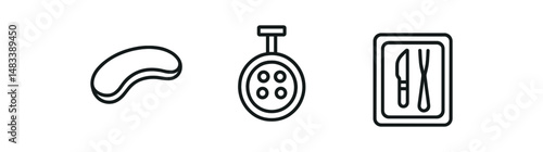 Black and white bean shape, stopwatch, and cutlery icons on white background vector icon isolated