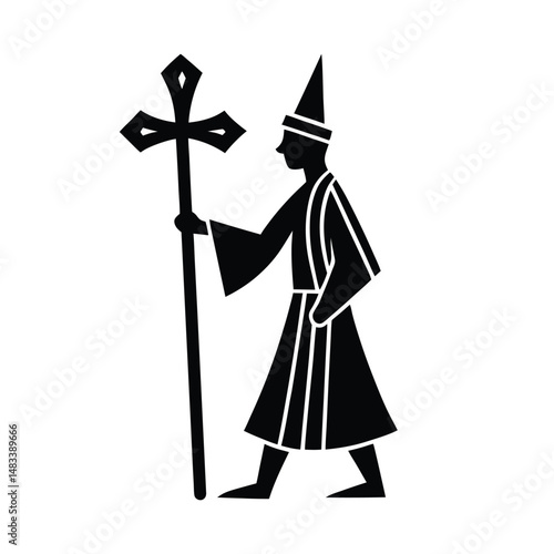 Stylized Monk Figure with Cross, Religious Symbol, Medieval Art