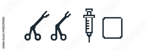 Minimalistic medical tools: scissors, syringe, gauze icon set vector icon isolated