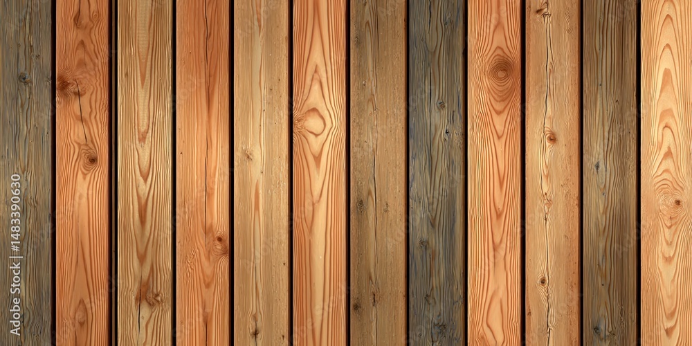 Fototapeta premium Vertical wood planks in mixed shades of brown and beige with natural grain and knots 