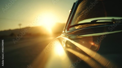 Golden Road Journey: A low-angle view captures the sleek hood of a classic vehicle, cutting through the radiant light of a setting sun. The shot captures the adventure and freedom.