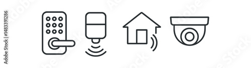 Smart home security icons set: lock, motion sensor, house, camera symbols vector icon isolated