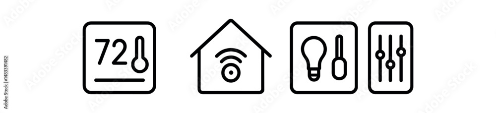Smart home control icons for thermostat, security, lighting, and audio settings vector icon isolated Smart home control icons for thermostat, security, lighting, and audio settings vector icon isolated