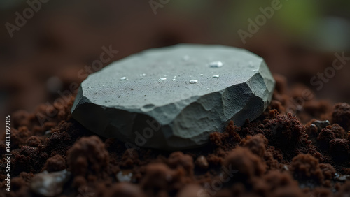 Gray stone on fibrous peat soil, water droplets, stark contrast, minimalist nature composition.