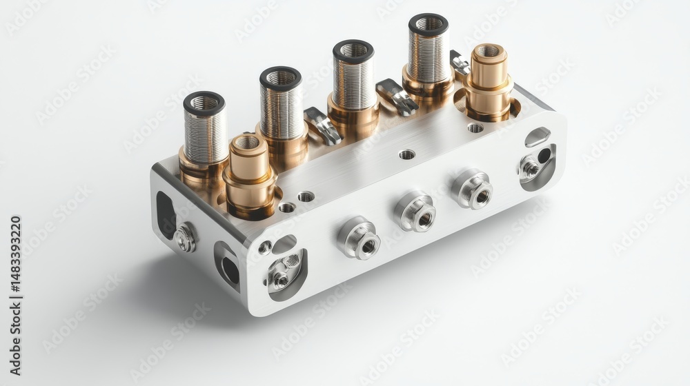 Close-up view of a precision metal mechanical component assembly. Close-up view of a precision metal mechanical component assembly.