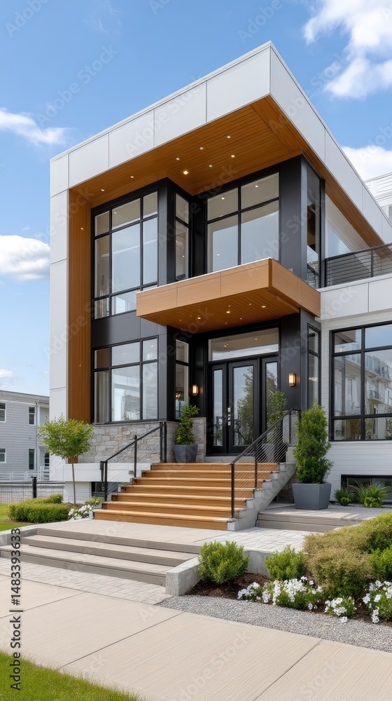 Fototapeta premium Beautiful two-story modern house with stone and steel features in a suburban Vancouver neighborhood under a clear blue sky