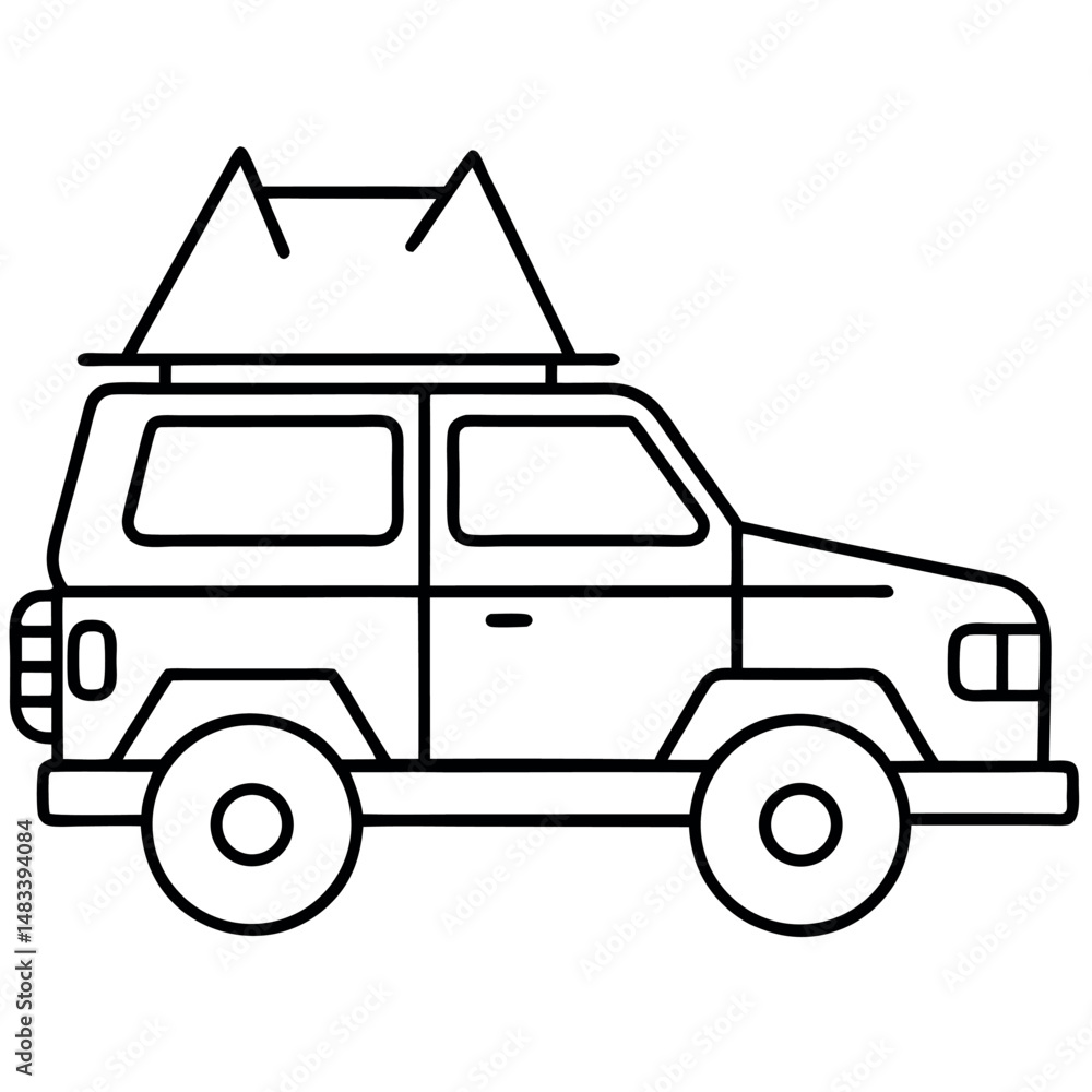 Obraz premium Clean Line Art Icon of SUV with Roof Tent for Adventure Travel