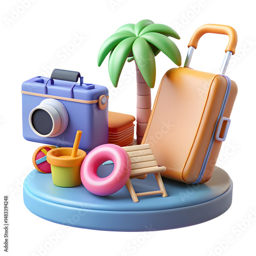 A red travel suitcase with beach icons illustrates a summer vacation journey