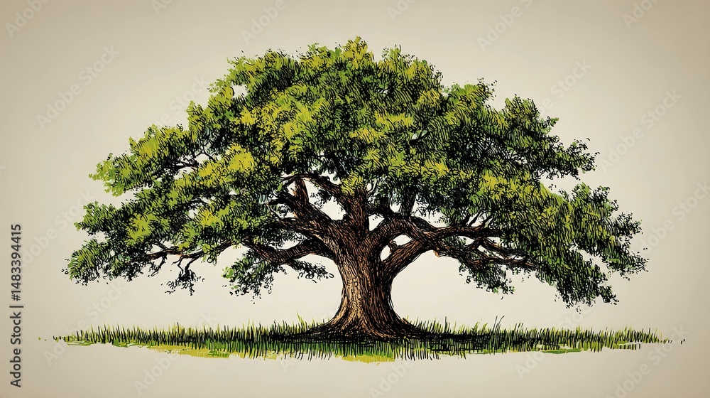 Fototapeta premium Large tree with green leaves and brown trunk isolated on white background