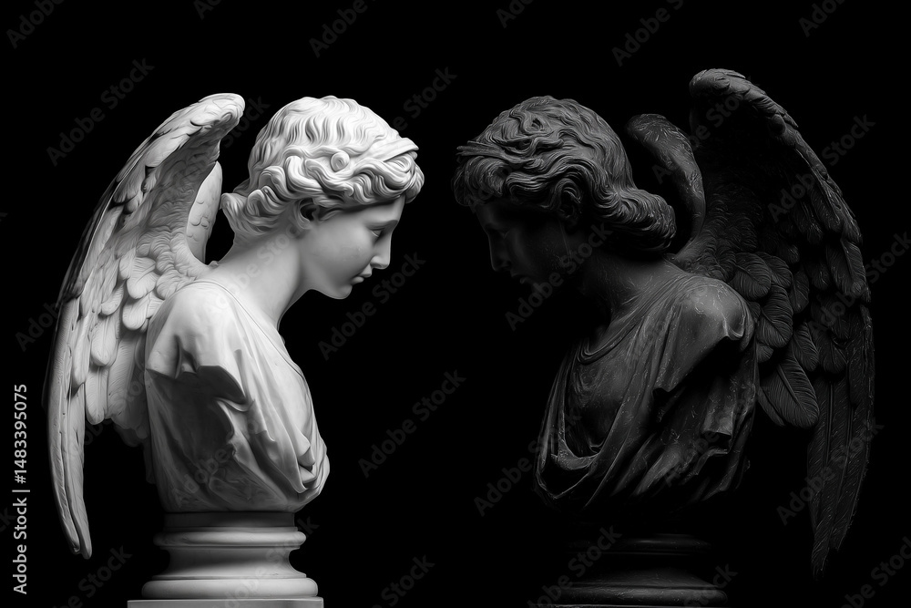 Two figures of angels opposite each other, white and black. Confrontation between good and evil Two figures of angels opposite each other, white and black. Confrontation between good and evil
