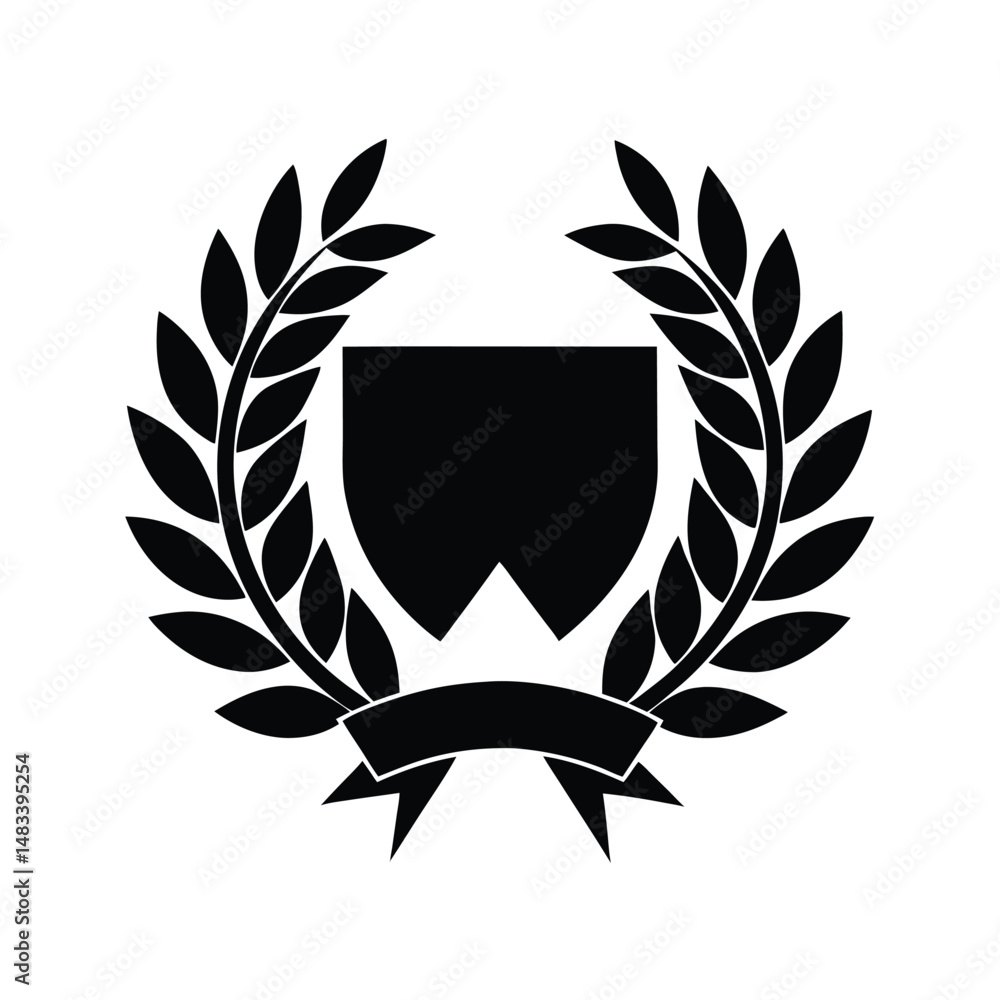 Obraz premium Black Laurel Wreath Emblem Shield, Ribbon, Award, Honor, Glory