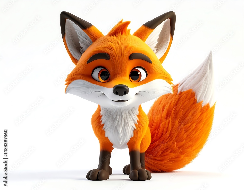 Fototapeta premium Cartoon Fox With Orange And White Fur Smiling Against White Background