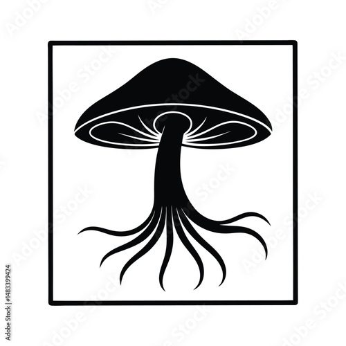 Stylized Black Mushroom Illustration Bold, Dark, Framed, Roots, Spores, Cap, Stem, Mycology, Fungi