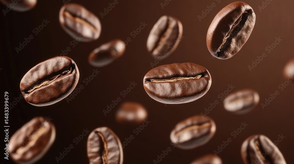 Roasted Coffee Beans in Motion: A Stunning Visual of Aromatic Coffee Beans Falling Gracefully Against a Rich Brown Background Roasted Coffee Beans in Motion: A Stunning Visual of Aromatic Coffee Beans Falling Gracefully Against a Rich Brown Background