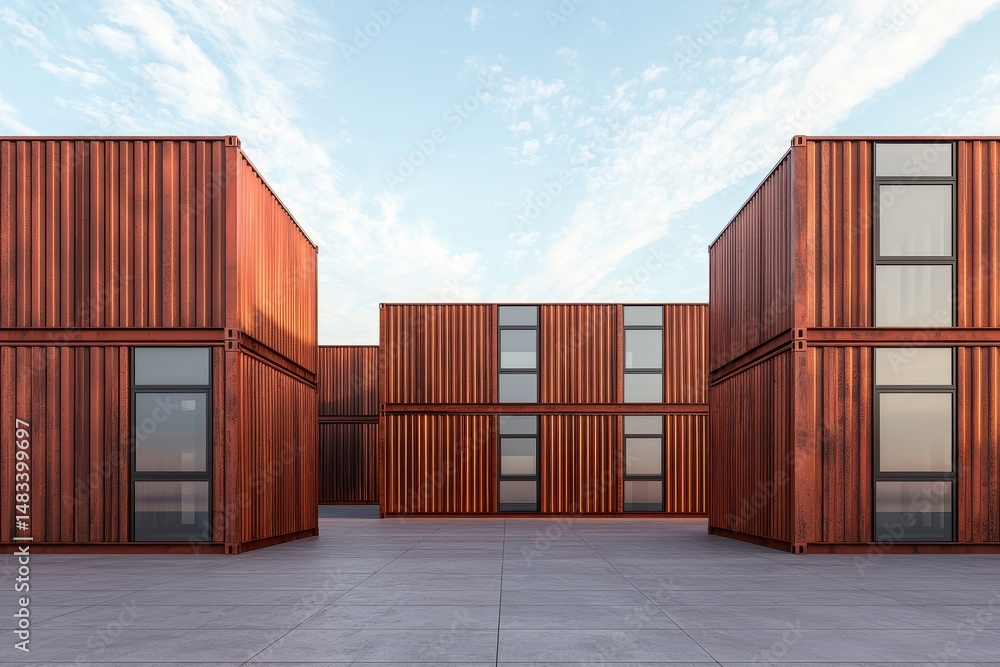 Fototapeta premium Modern container buildings arranged in a spacious outdoor area under a blue sky.