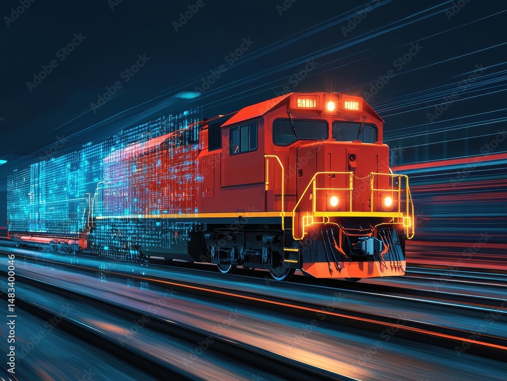 Fototapeta premium A vibrant train speeds through a dynamic, illuminated track at night.
