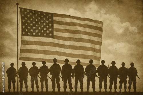 Silhouettes of soldiers in front of the waving U.S. flag in vintage tones. A symbol of military service, honor, and patriotism.