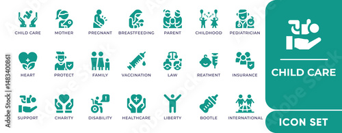 Child Care Icon Set. Features parenting, baby care, feeding, hygiene, and medical icons. Perfect for family health apps, daycare services, and early education projects.