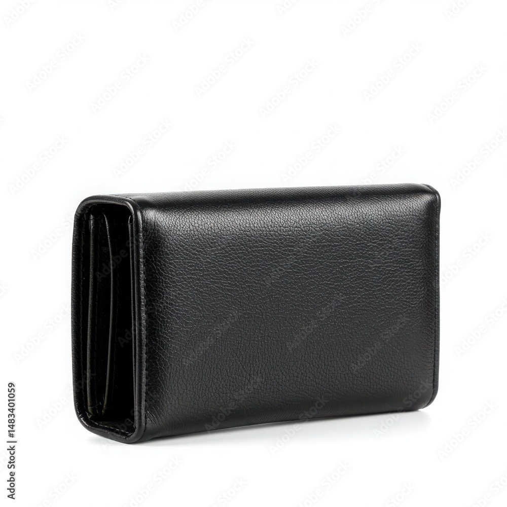 Fototapeta premium Black leather wallet close up shot isolated on white background