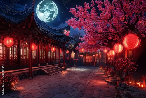 Wallpaper Mural The street transforms into a vibrant nightscape under the moon, filled with blossoming pink flowers Torontodigital.ca