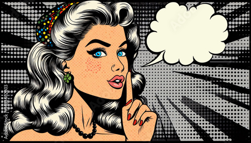 Woman show silence sign. Іllustration in retro pop art style. Message Shhh for stop talking and be quiet.