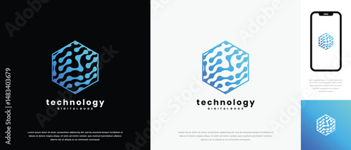 Technology hexagon logo design. Technology connection hexagon logo template. Technology logo symbol icon