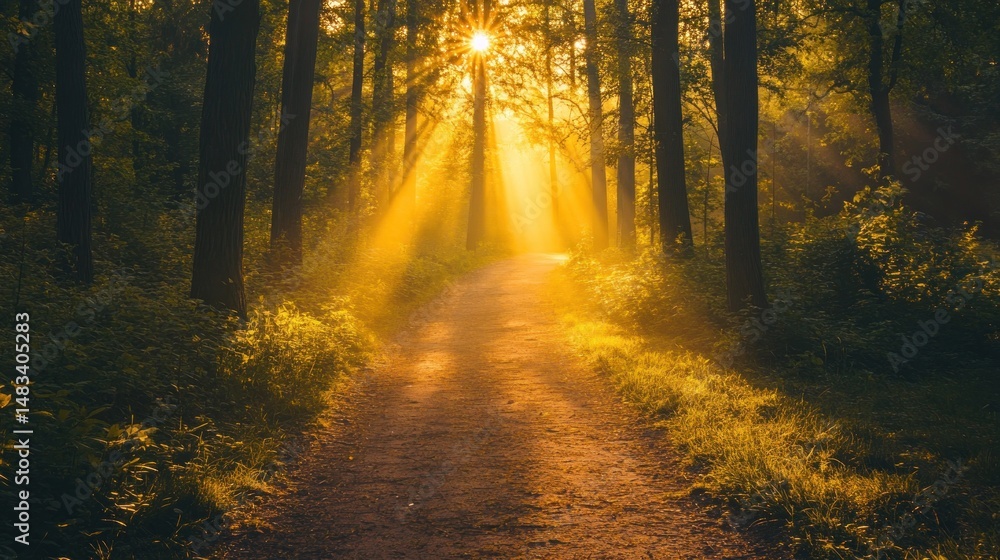 Obraz premium Sunbeams through the Forest Path