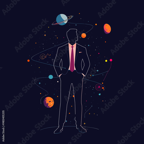 Abstract vector illustration of businessman silhouette in suit surrounded by colorful planets and stars orbiting in space concept of leadership and cosmic success in minimalist style