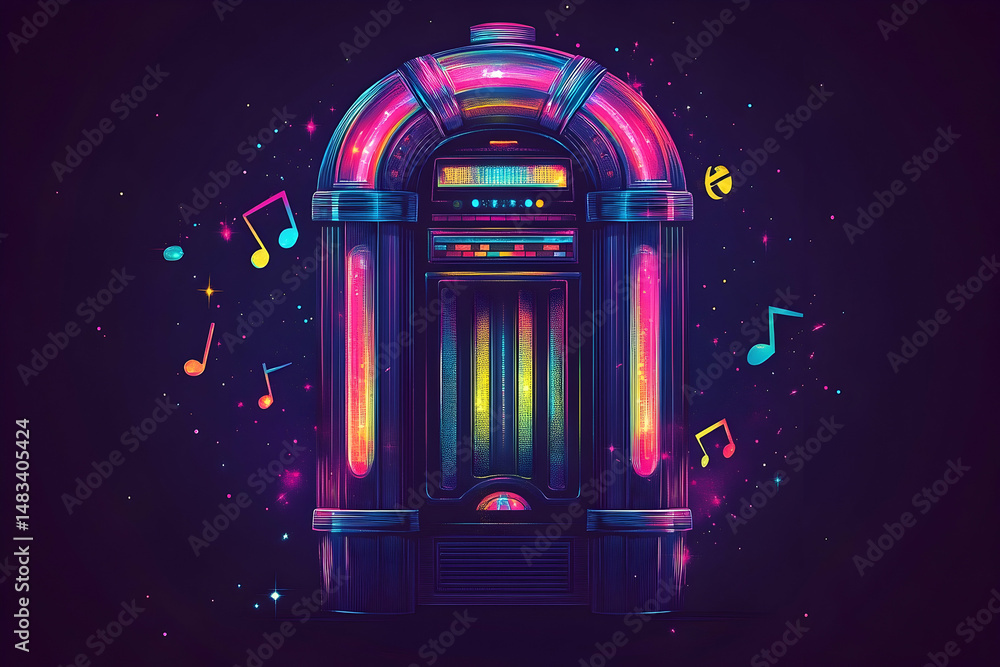 A vibrant jukebox radiates retro coolness with colorful lights and floating musical notes against a dark backdrop A vibrant jukebox radiates retro coolness with colorful lights and floating musical notes against a dark backdrop