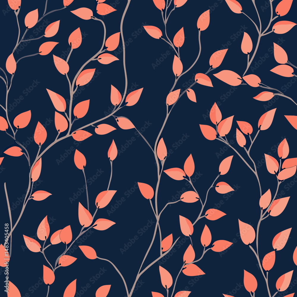 Seamless pattern of minimalist orange branches with leaves on dark navy blue background vector illustration flat design botanical nature wallpaper decor or fabric print Seamless pattern of minimalist orange branches with leaves on dark navy blue background vector illustration flat design botanical nature wallpaper decor or fabric print