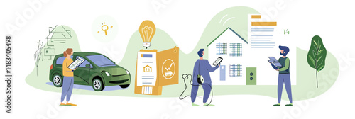 Sustainable home and electric car energy bill calculation with eco friendly technology and smart home management concept in flat vector style