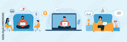 Remote work and online collaboration concept with diverse people using laptops and digital communication icons in minimalist flat vector design