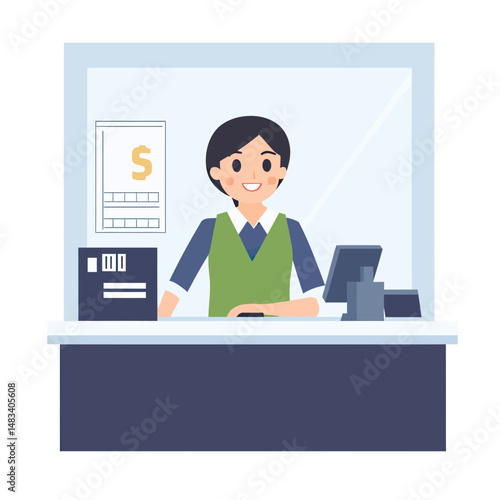 Smiling bank cashier woman behind glass counter at modern bank teller station with computer and payment terminal in flat vector style