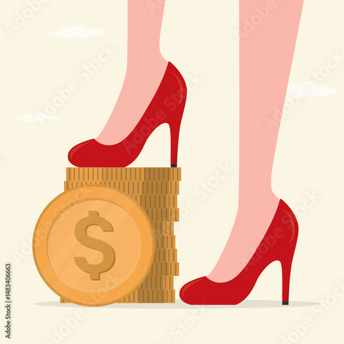 Golden coins under businesswoman legs in high heel shoes. Confident woman investor controls stock market, making money and profit. Profitable investments. Strong female boss