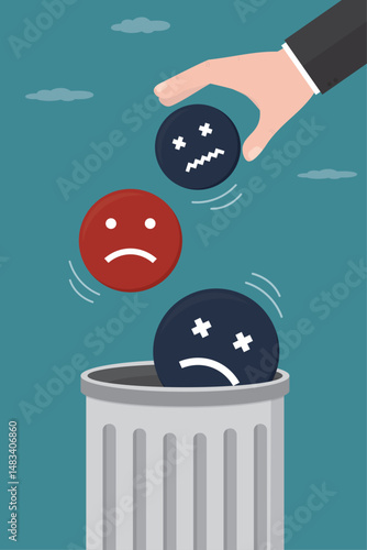 Overcoming stress and anxiety. Stop emotional problems. Uncertainty or worried about work, businessman hand throw out negative emotions into trash can. Positive thinking,