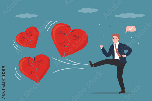 Angry male character hit and kick broken hearts shape, metaphor of family problem. Marriage difficulties problem, divorce. Lover man going through relationship breakdown.