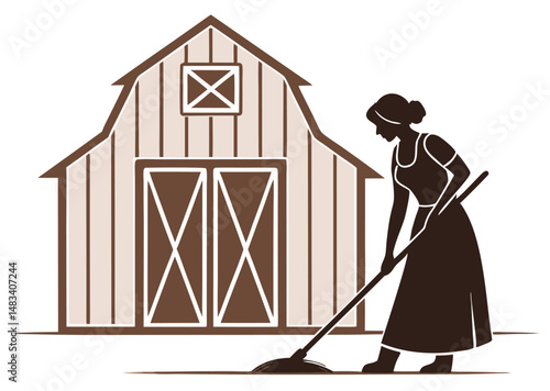 Silhouette of a Woman Sweeping Outside a Barn with a Broom on White Background