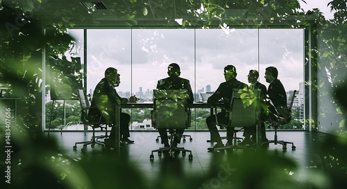 Business Meeting in a Modern Office with City View, Framed by Lush Green Foliage, Emphasizing Sustainability and Growth