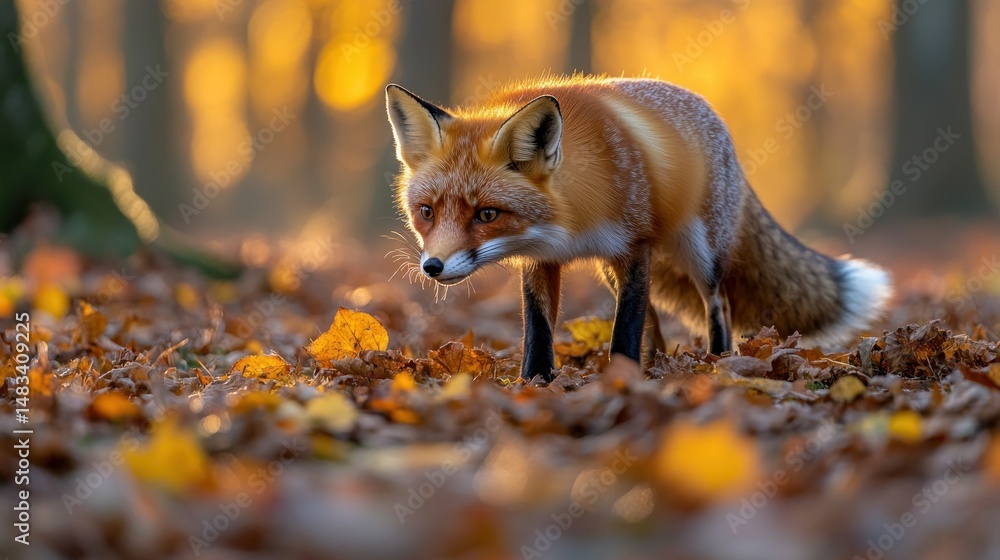 Naklejka premium Red fox amidst autumn leaves