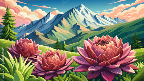 Closeup of beautiful pink flowers Sempervivum montanum or Houseleeks growing in the mountain meadow Summer landscape with Mont Blanc massif Monte Bianco at the background Aosta Valley : Generative . v