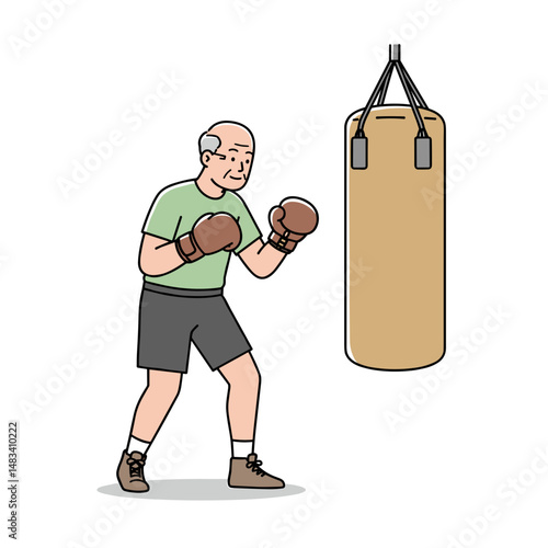 Elderly man boxing while training with a punching bag indoors. Vector illustration about health and physical activity of elderly people. Style - minimalism, pastel colors, white background.