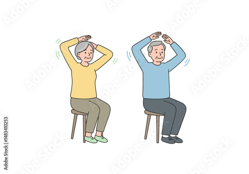 Elderly man and woman exercising while sitting on stools indoors. Vector illustration about health and physical activity of elderly people. Style - minimalism, pastel colors, white background.