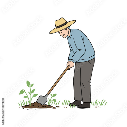 An elderly man in a straw hat plants seedlings in the garden. Vector illustration about health and physical activity of elderly people. Style - minimalism, pastel colors, white background.