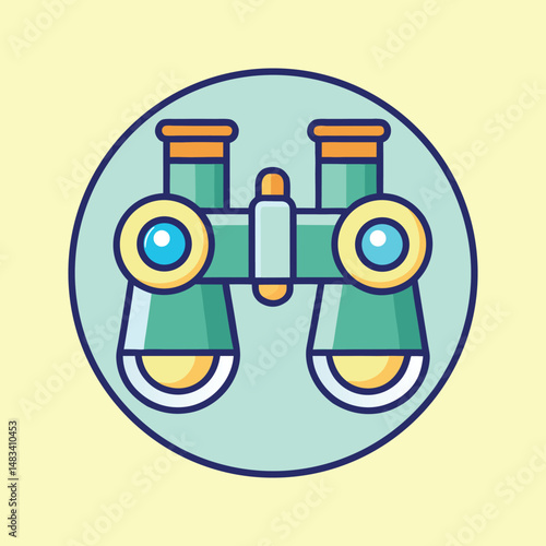 Stylized illustration of binoculars within a circular frame on yellow background